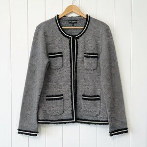 Karl Lagerfeld Tweed Blazer Jacket Large Black Grey White Wool Blend Timeless